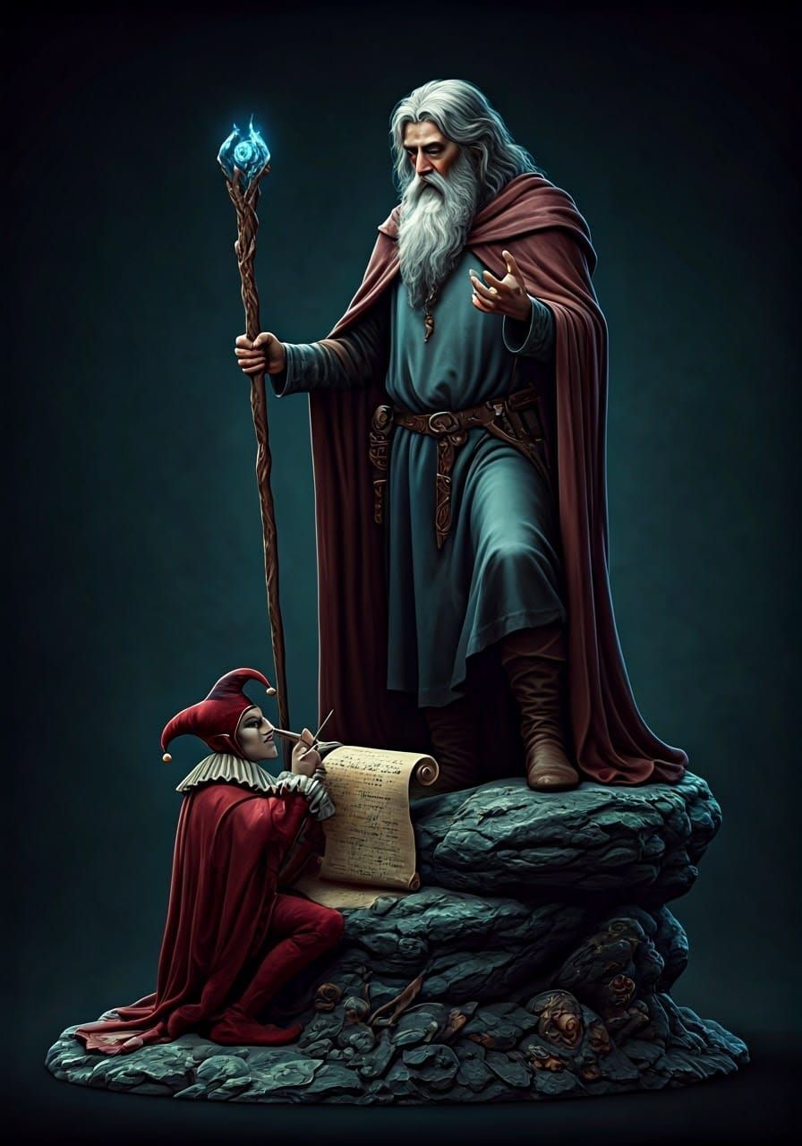 Merlin and Jester in Eldritch Art Nouveau Style