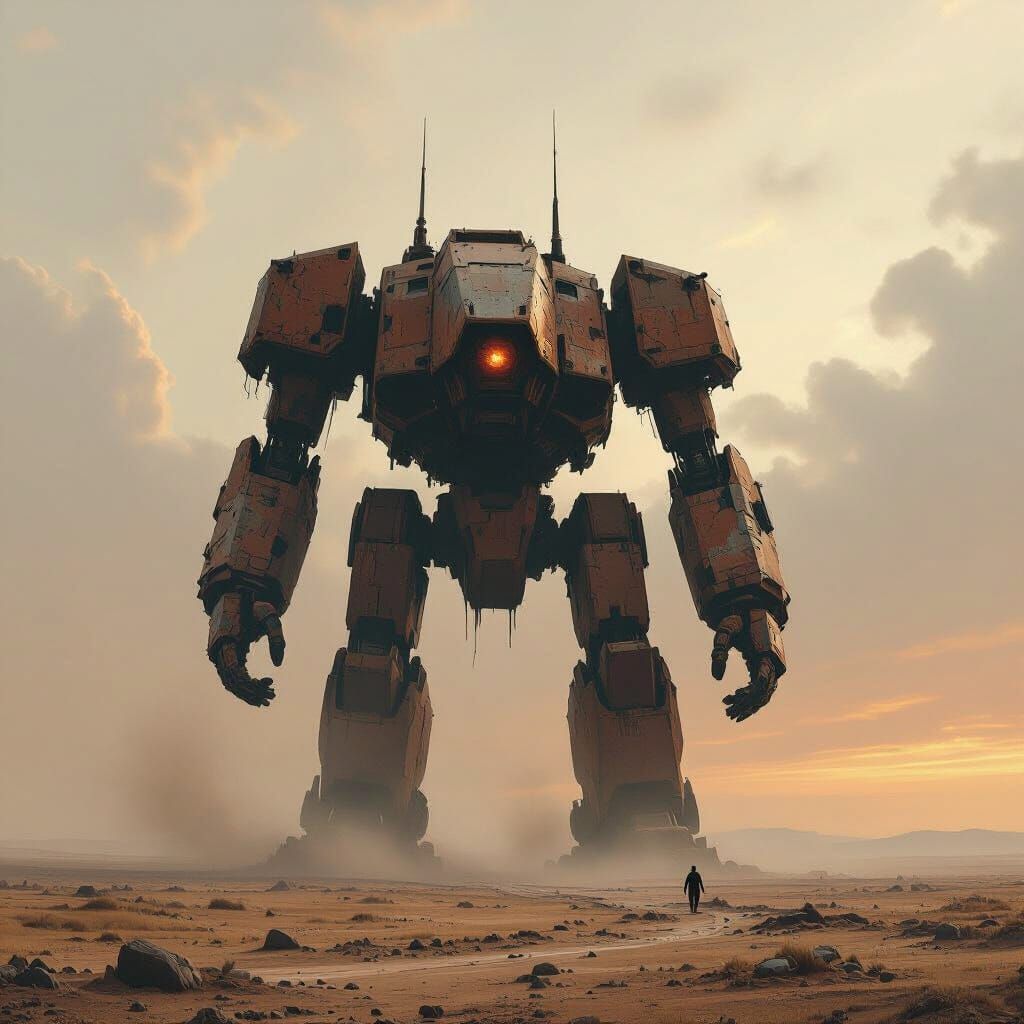 Colossal Mech Guardian in Desolate Landscape