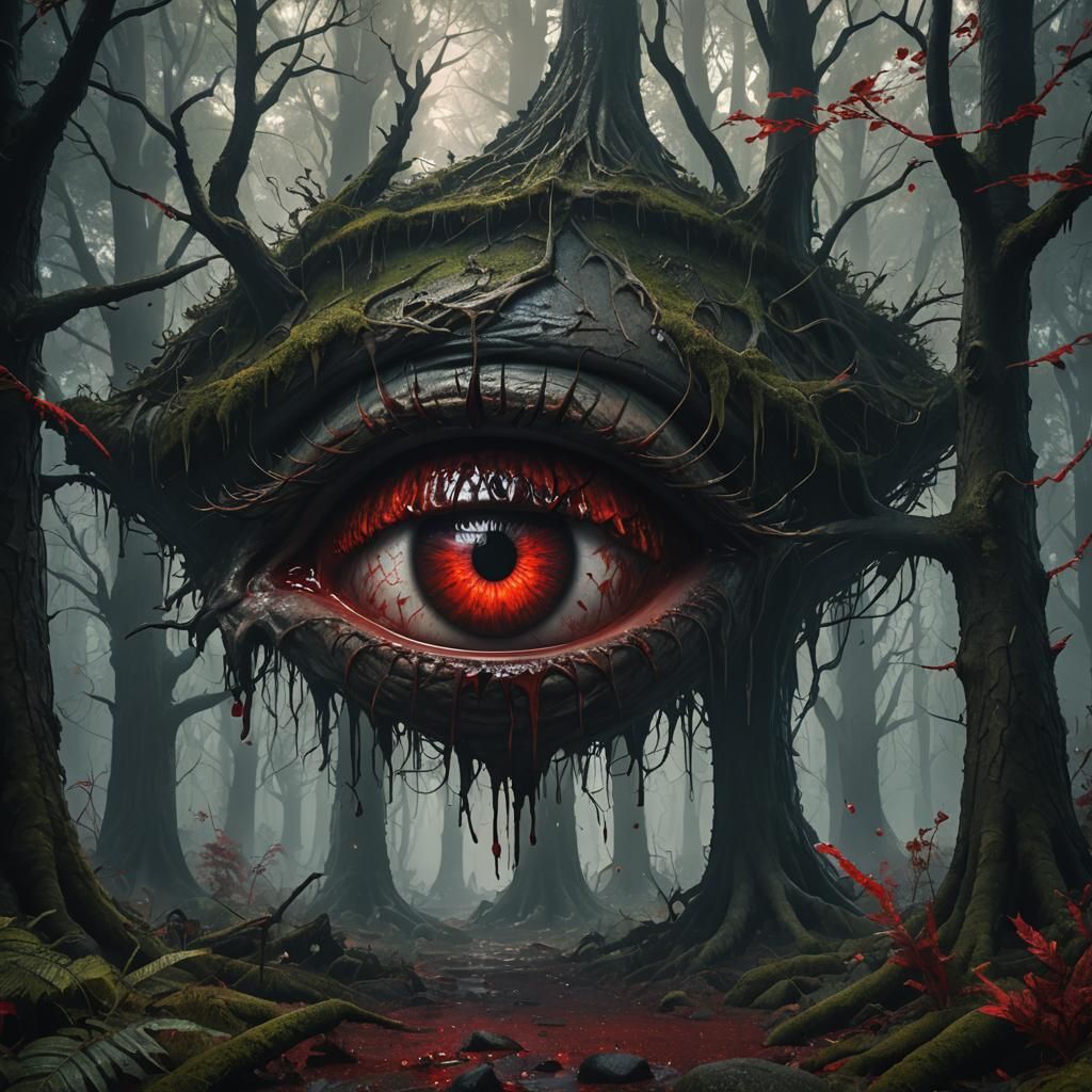 Horrifying Eye Crying Blood in Dark Forest