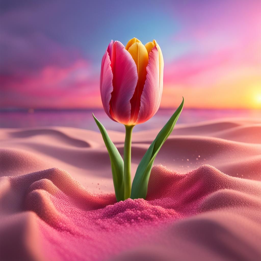 Hyperrealistic Pastel Tulips on Rainbow Sand Beach