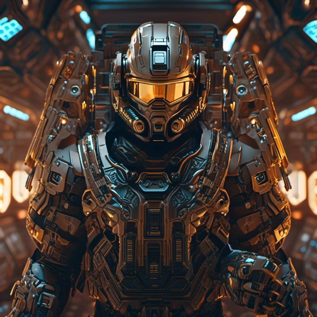 Cyberpunk Armored Man with Laser Gun in Spacecraft