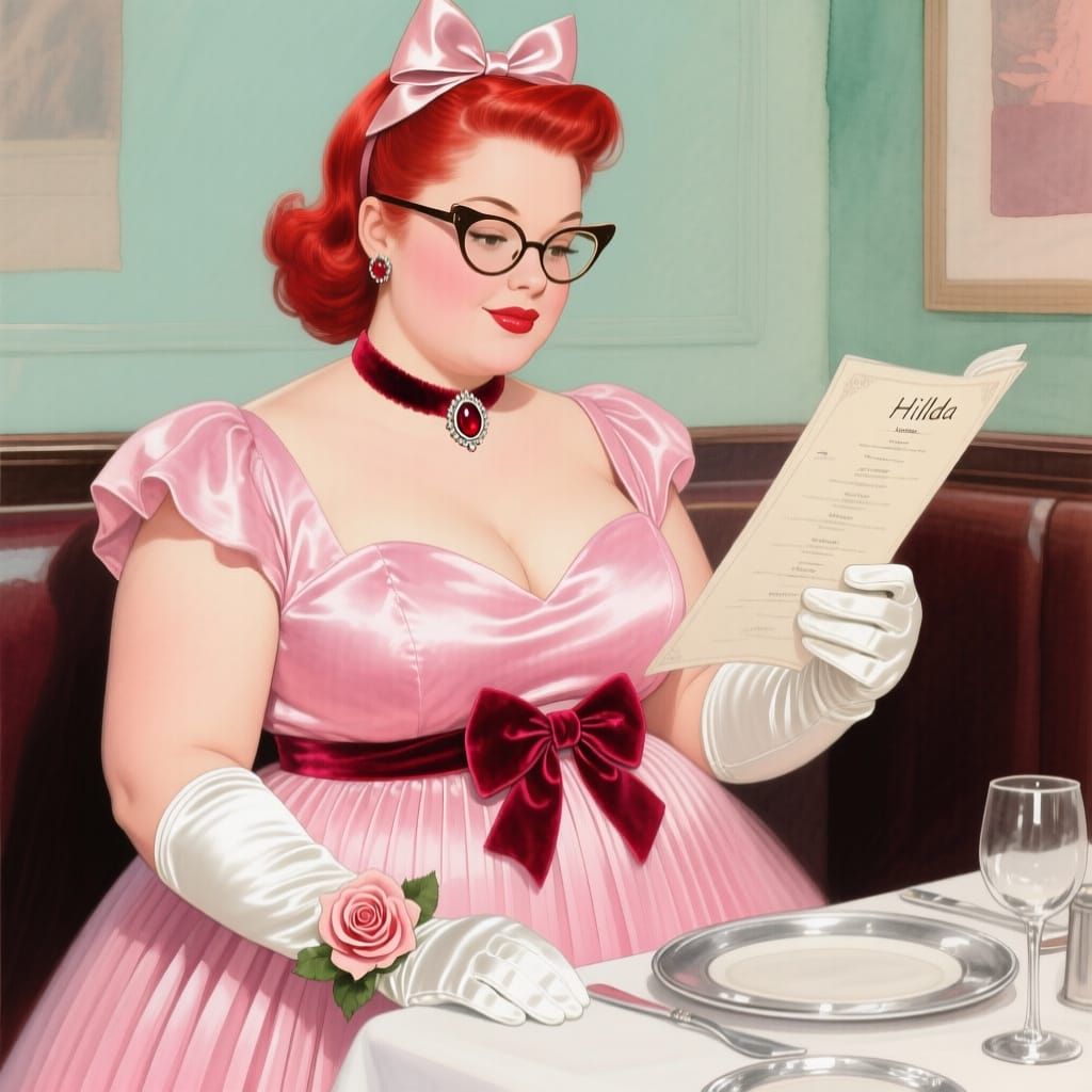 Plus-Size Hilda in Pink Dress, Watercolor Pin-Up