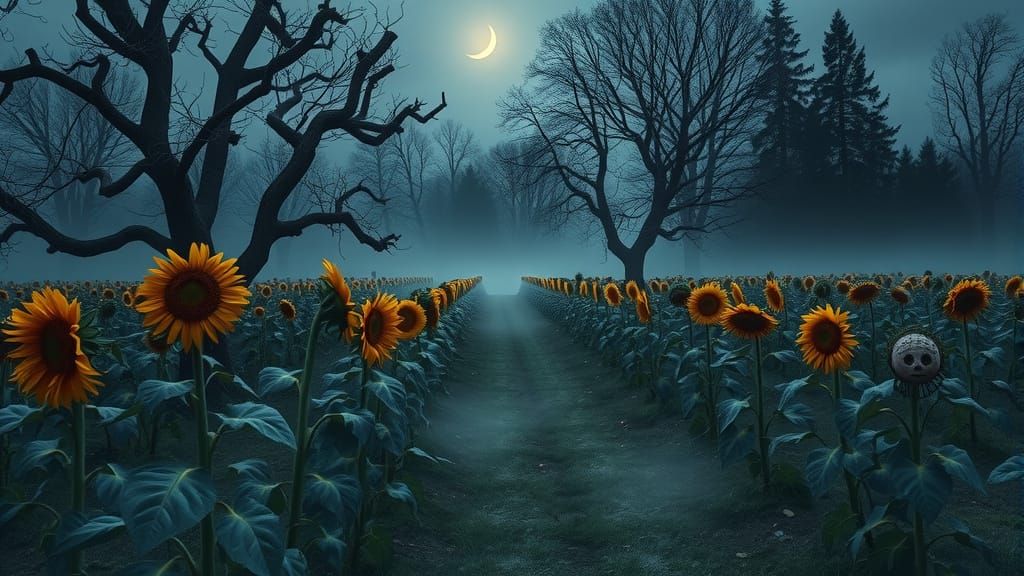 Desolate Garden of the Dead Under Crescent Moon