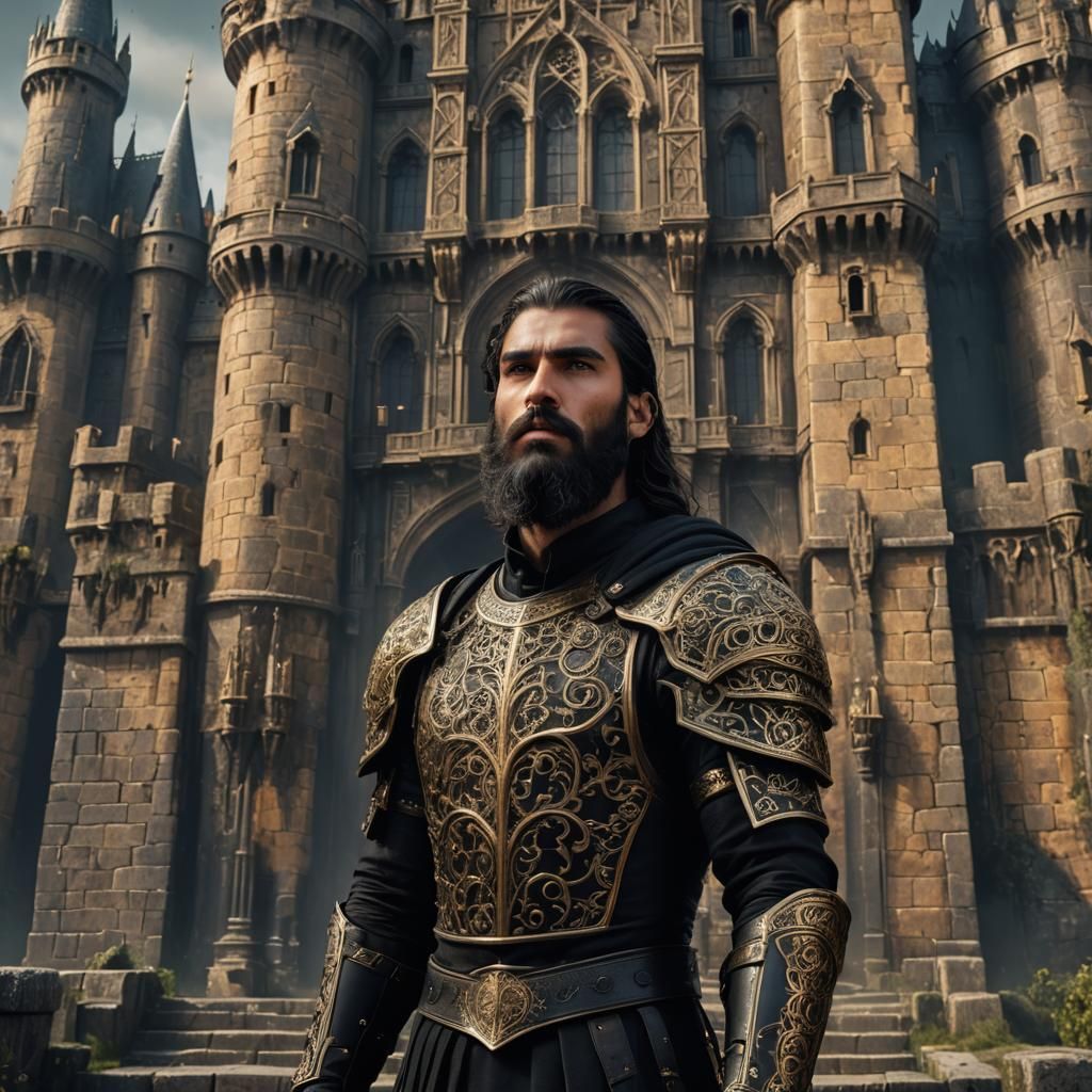 Armored Warrior in Front of Castle: Fantasy Art