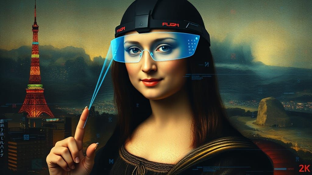 Cyberpunk Mona Lisa in Neon-Lit Futuristic Tokyo
