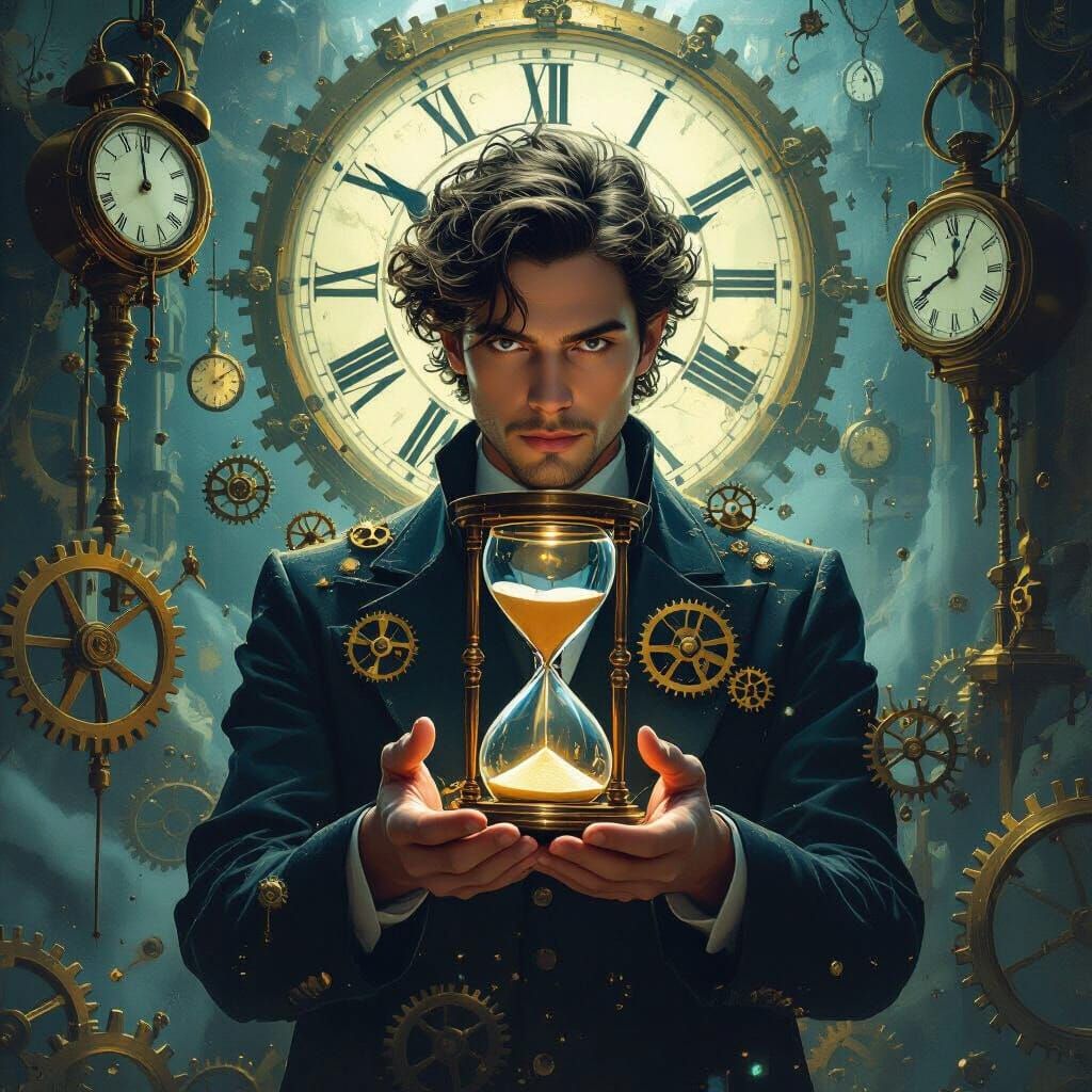 Surreal Clockwork Figure with Hourglass in Dreamscape