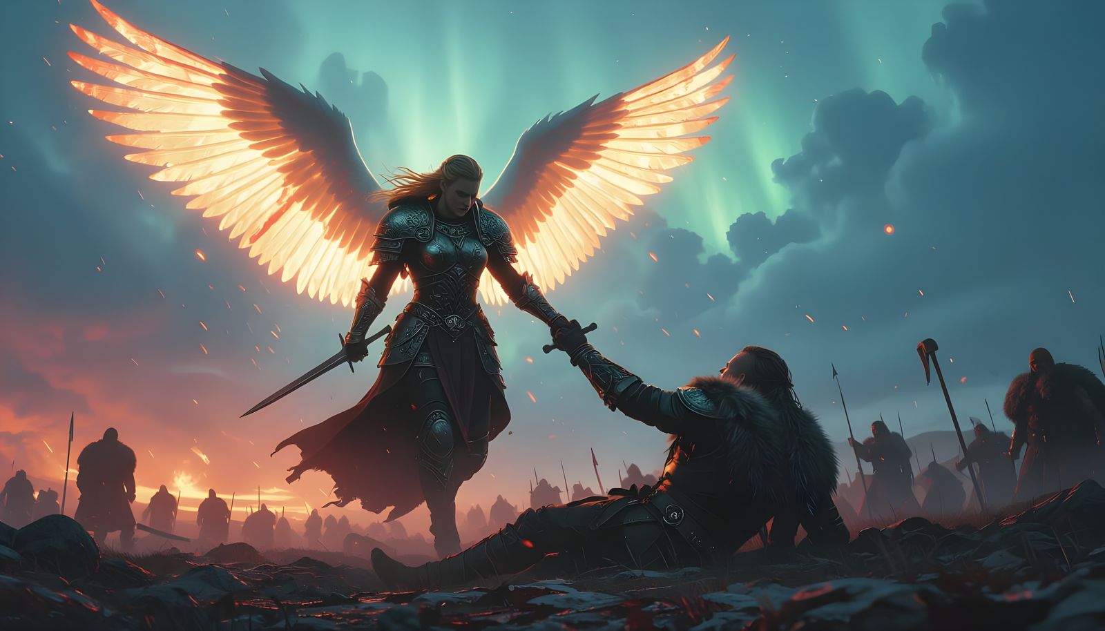Valkyrie Ascending with Fallen Viking Warrior