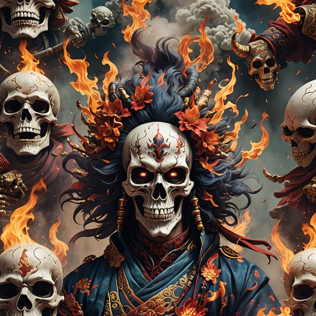 Flaming Kabuki Skull in Detailed Matte Painting