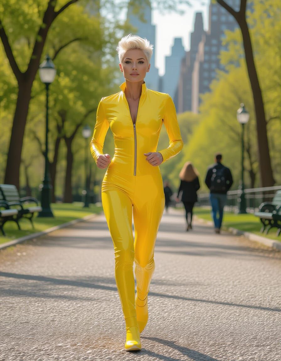 Woman in Yellow Latex Running in NYC Park