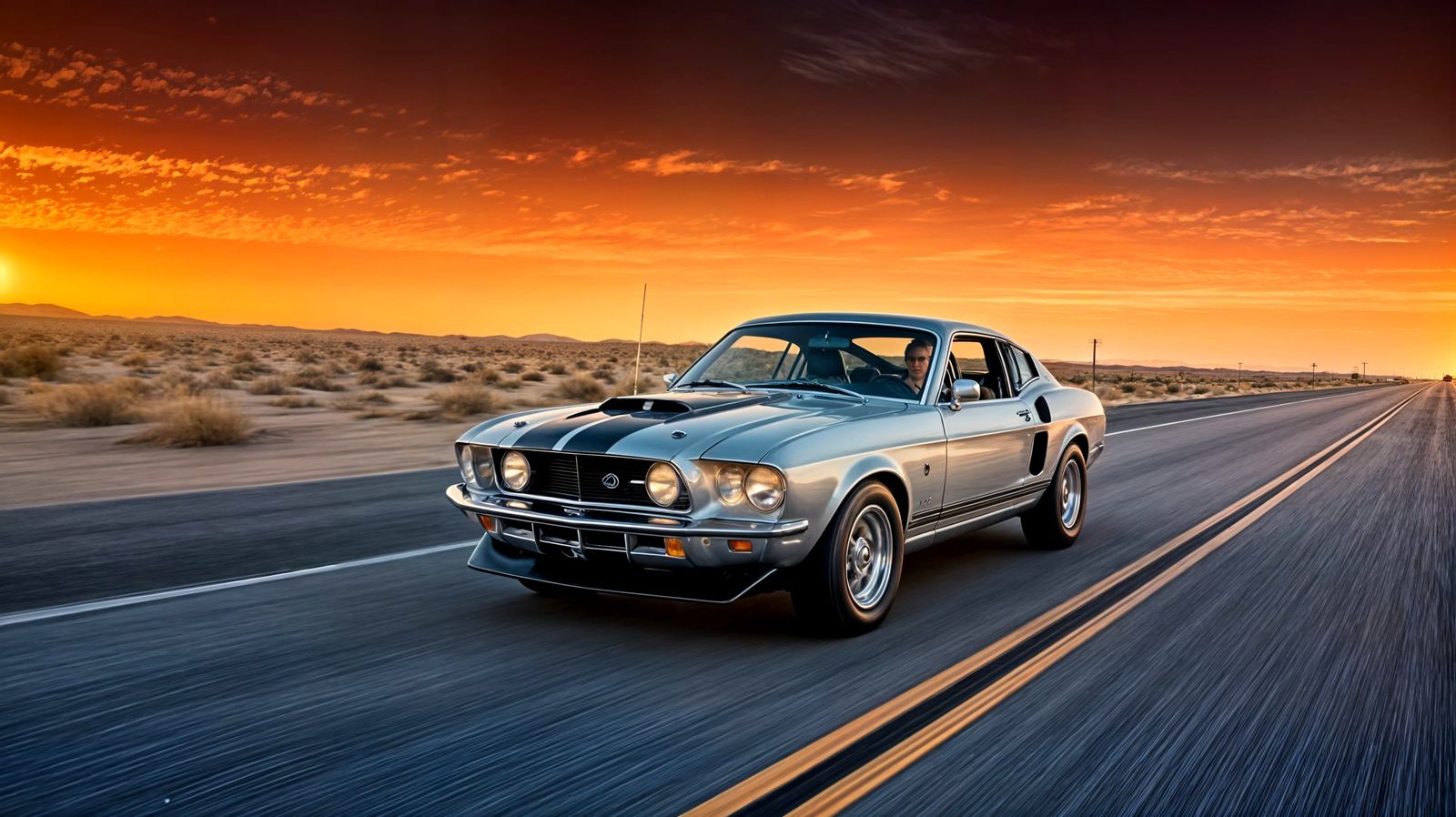 Silver Mustang Speeds Through Desert Sunset
