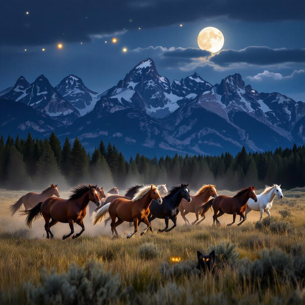 Mustangs Stampede Under Moonlit Sky