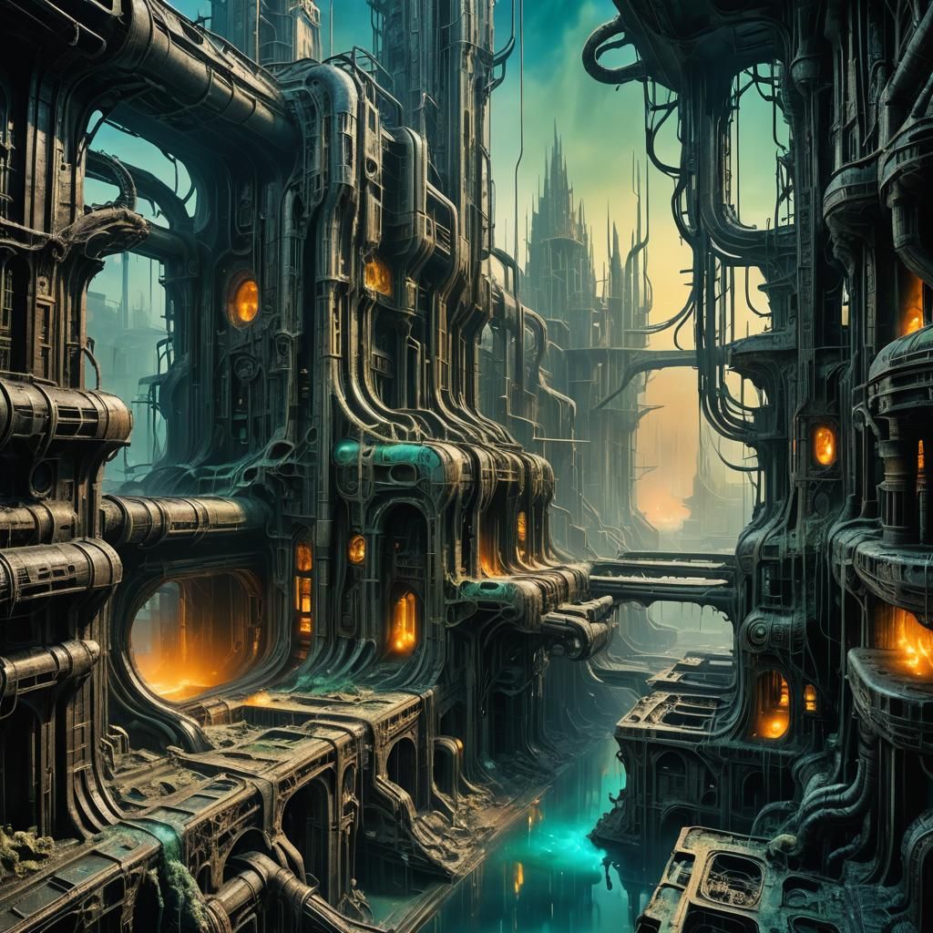 Macabre Biomechanic Cityscape in Giger Style