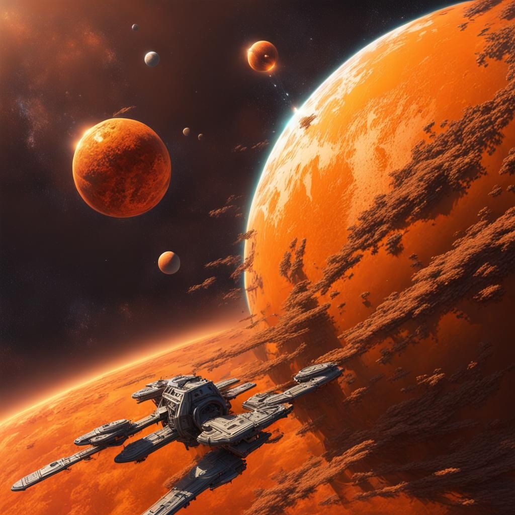 Orange Planet with Sci-Fi Ships in Space