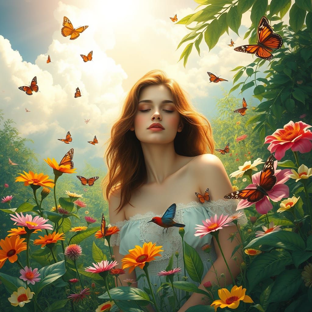 Woman in Lush Garden of Eden with Vibrant Flowers and Birds