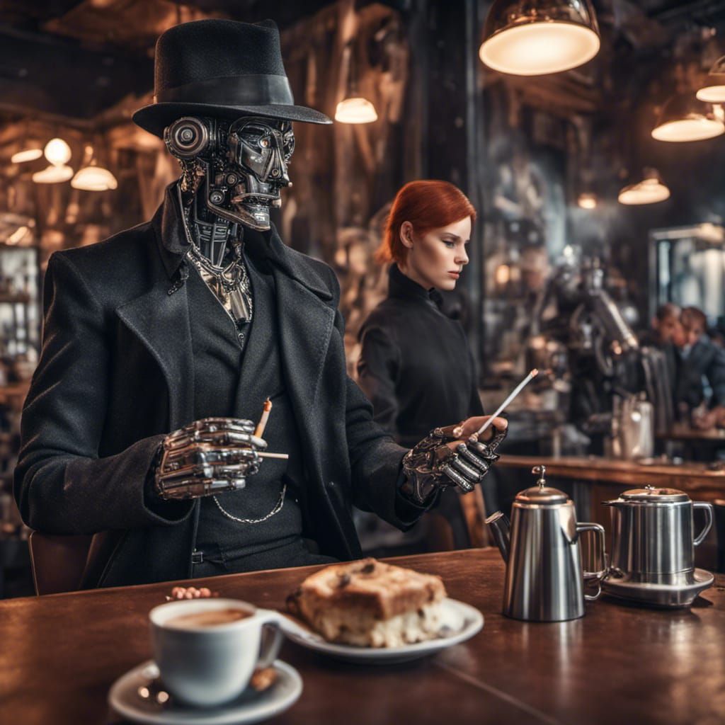 Futuristic Noir: Redhead and Robot in Coffee Shop