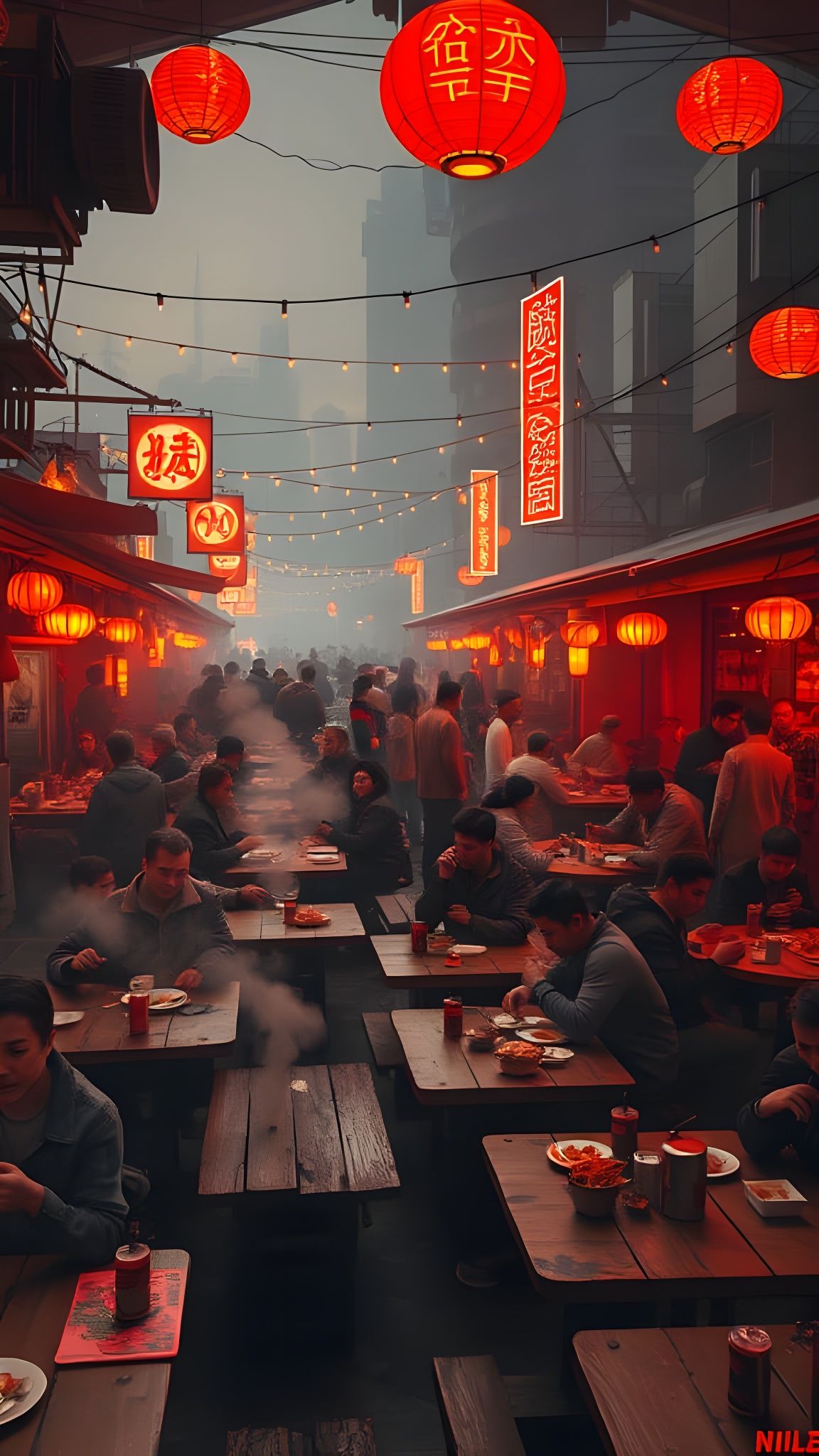 Vibrant Night Market Scene in Futuristic Urban Setting