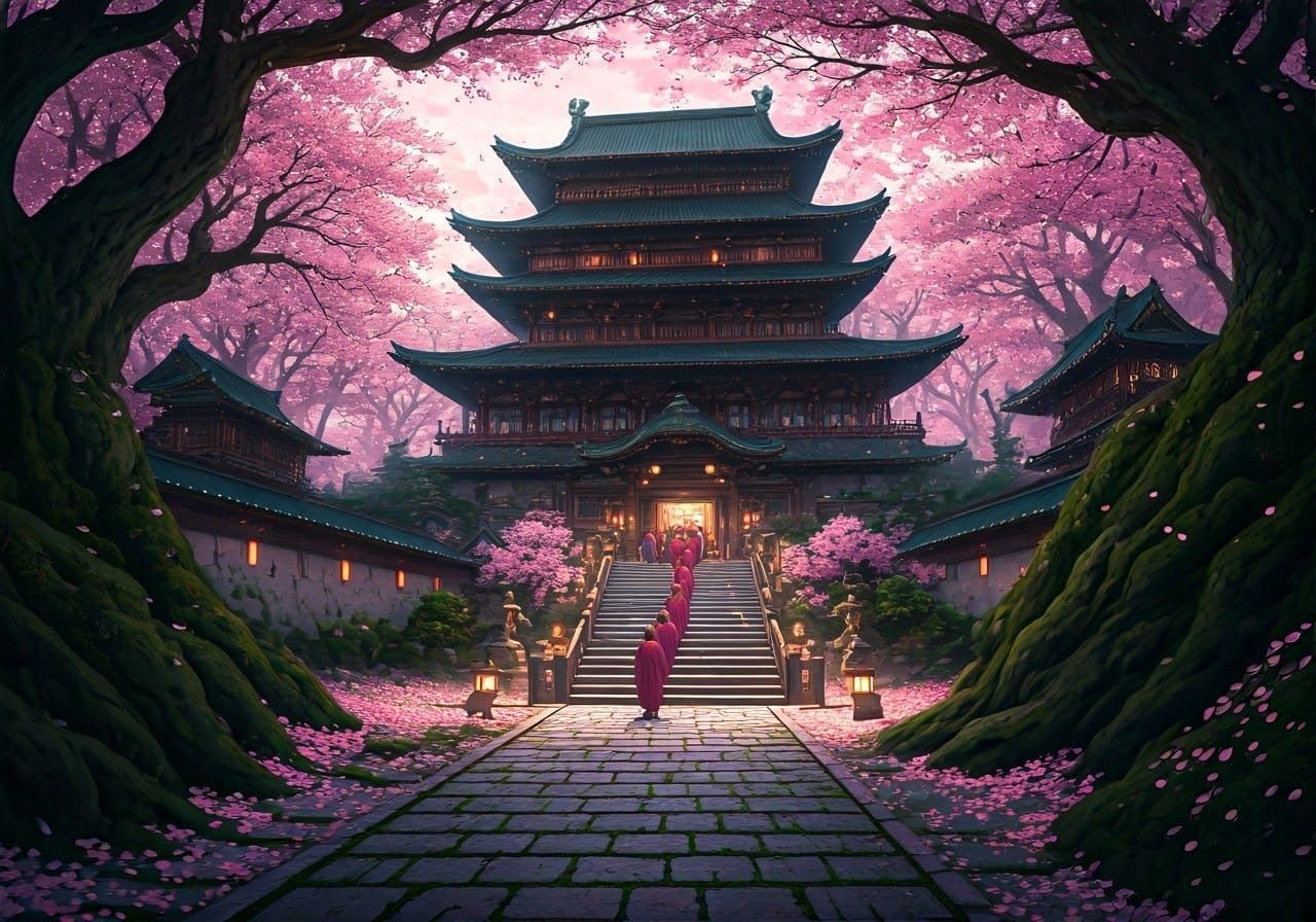 Sakura Monastery at Twilight in Elegant Asian Style