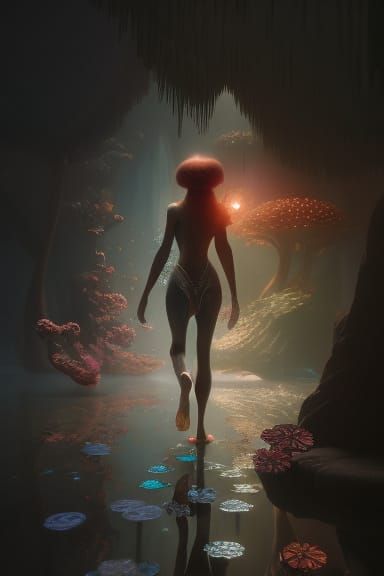 Cyborg Leaving Crystal Cave with Bifrost: Digital Art