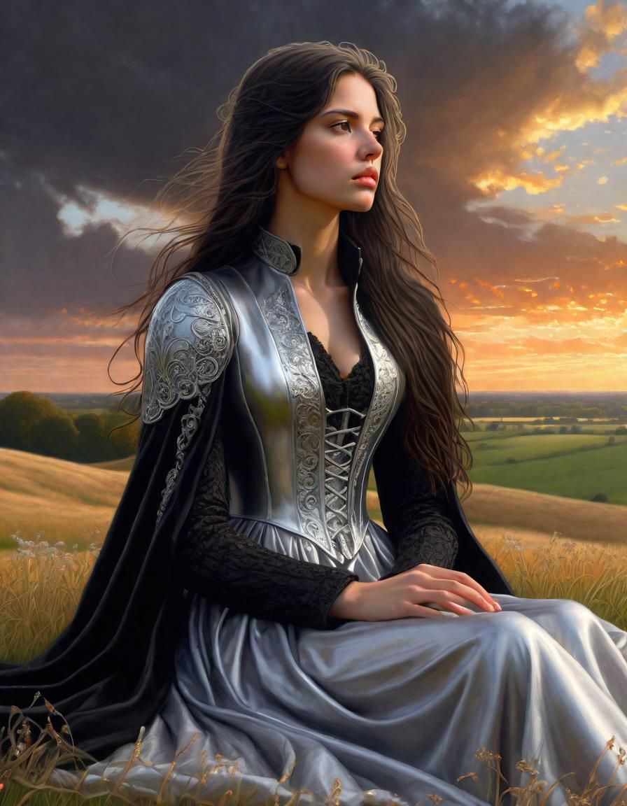 Renaissance Woman in Field at Sunrise