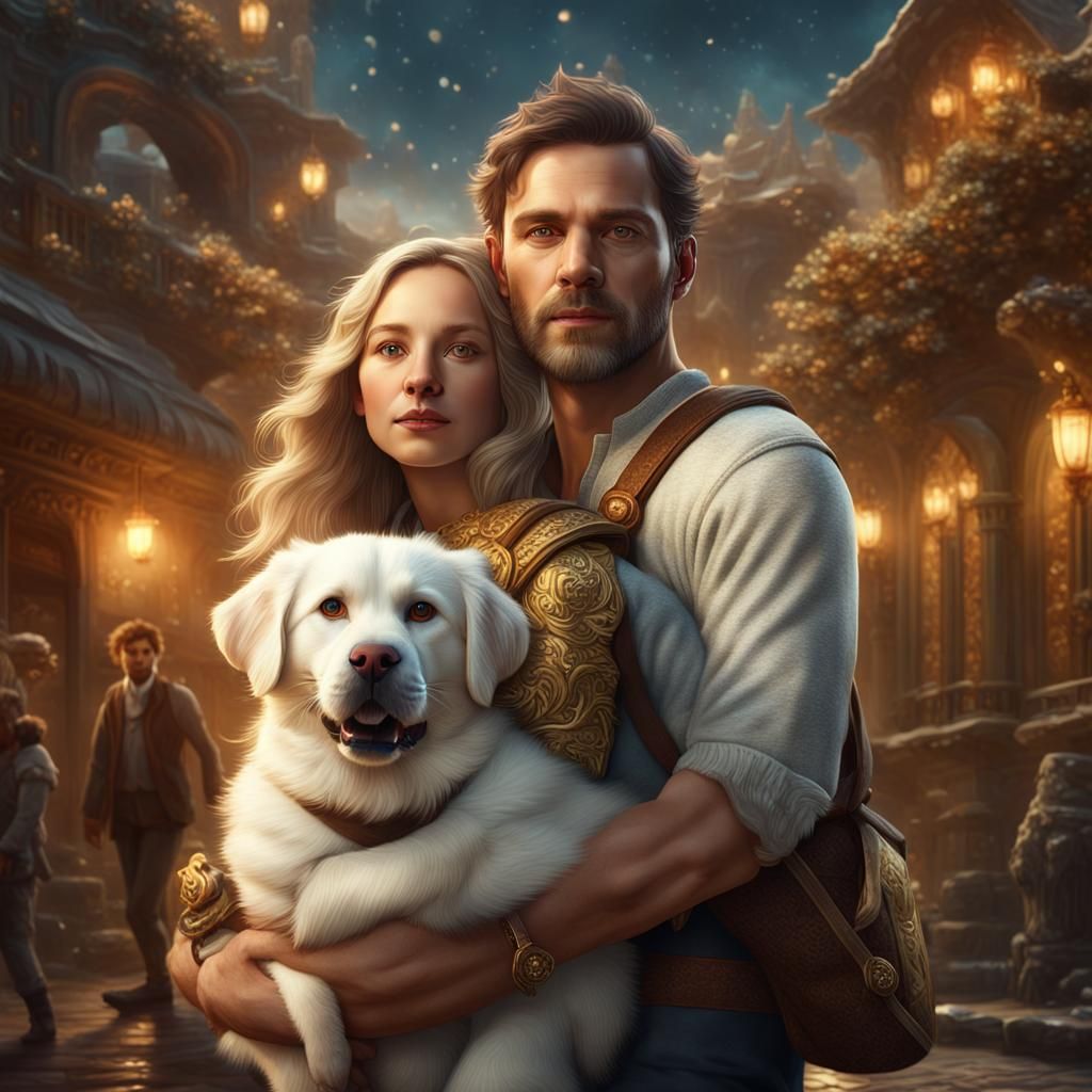 Couple with Cat and Dog in Detailed Fantasy Art