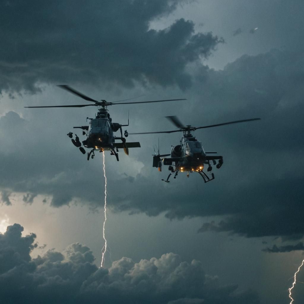 Helicopter in Stormy Sky, Cinematic Film Still