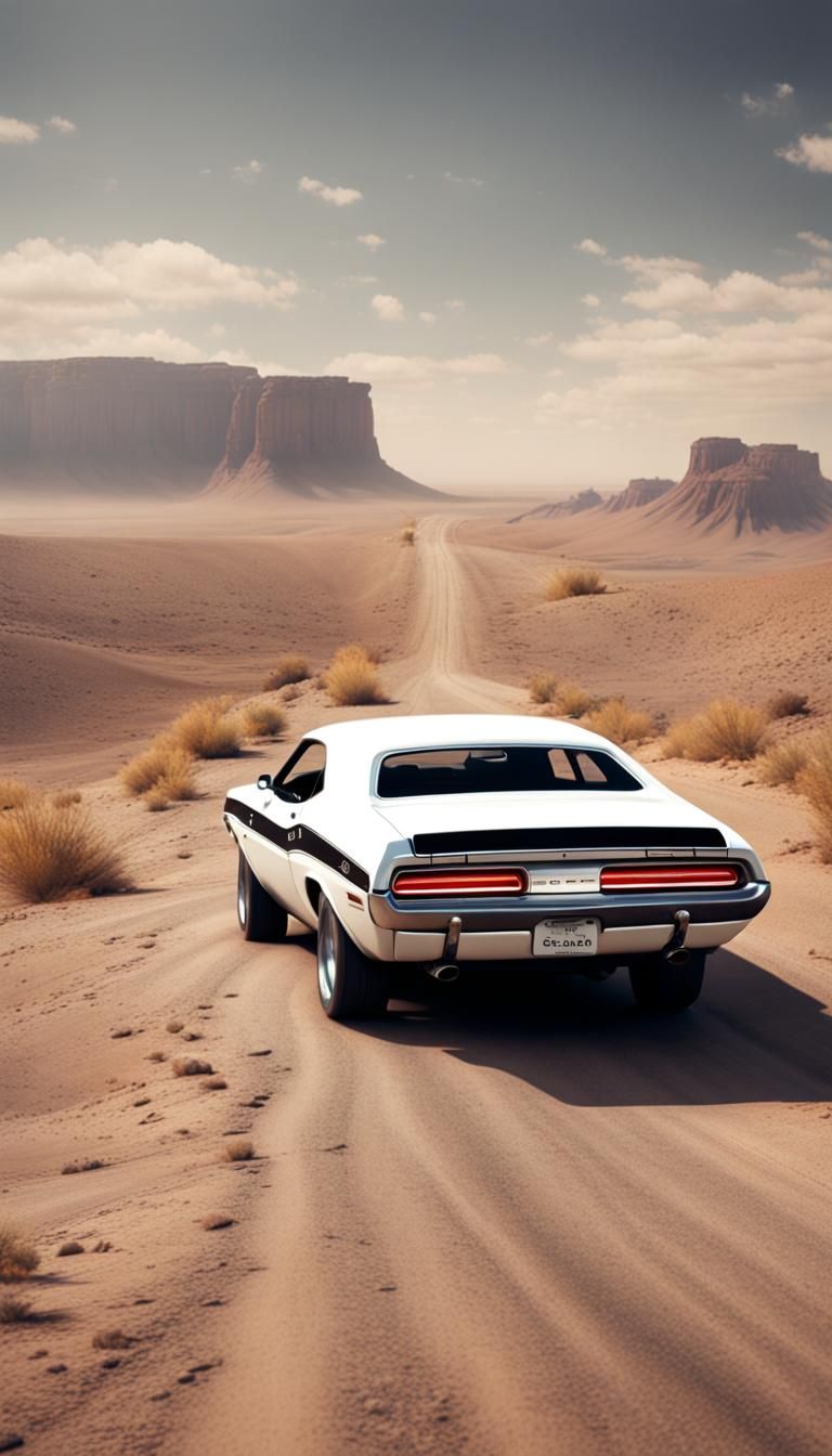 White Dodge Challenger on Desert Road: Matte Painting