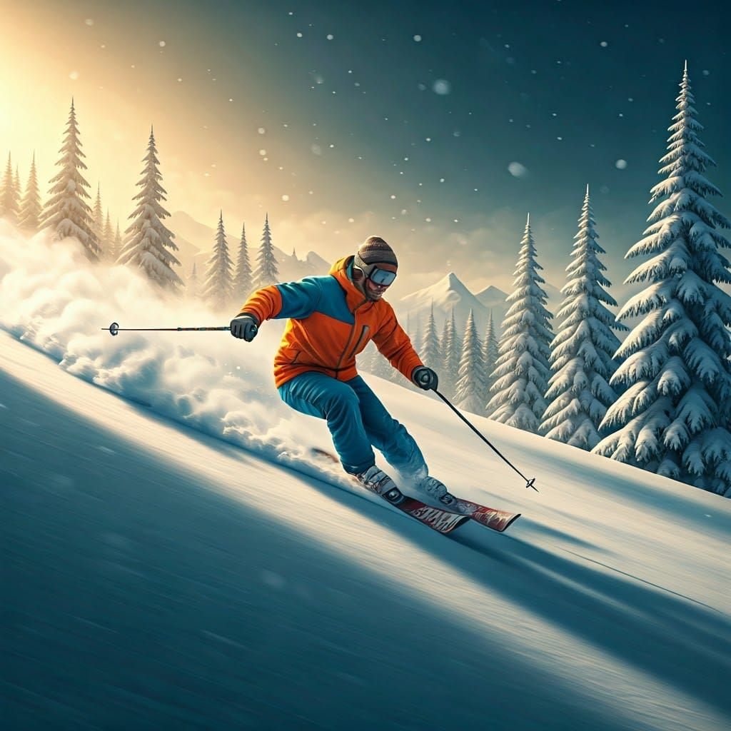 Vibrant Skier Carves Through Mystical Snowscape