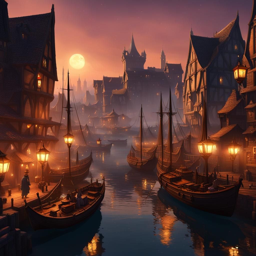 Medieval Fantasy City Harbor at Night