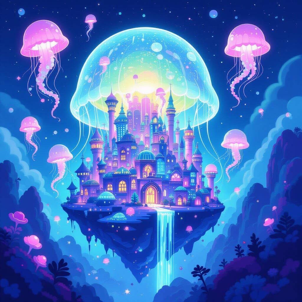Jovian Bioluminescent Jellyfish City in Fantasy Toon Style