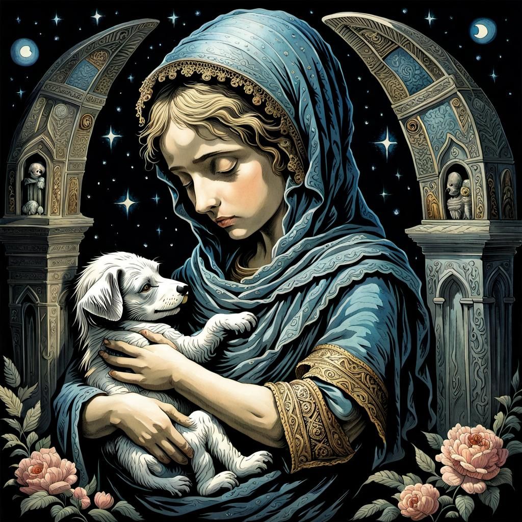 Mummy Cradling Puppy in Graveyard Watercolor Art
