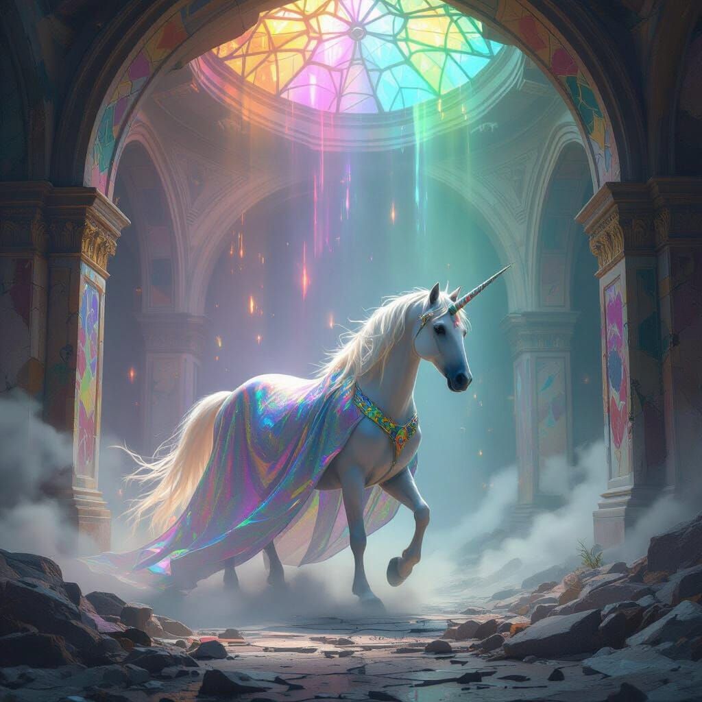 Unicorn in Crumbling Temple with Luminous Arches