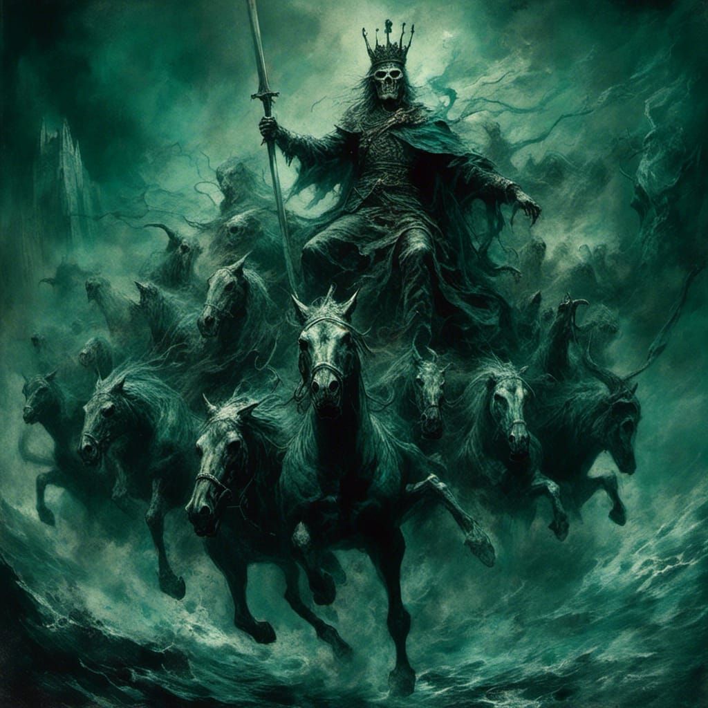 Ghostly King on Bloodied Mount Surrounded by Seven-Headed Be...