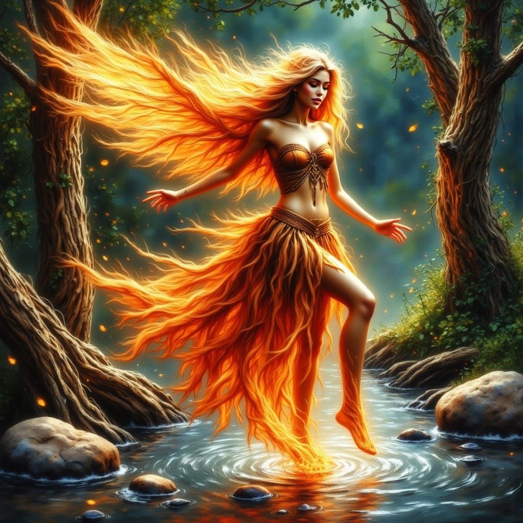 Celtic Fire Fairy Dancing on River of Flames