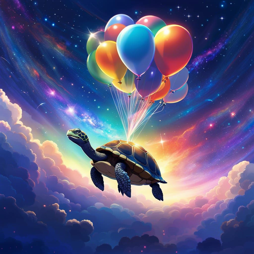 Dreamy Turtle with Balloons in Ghibli Universe