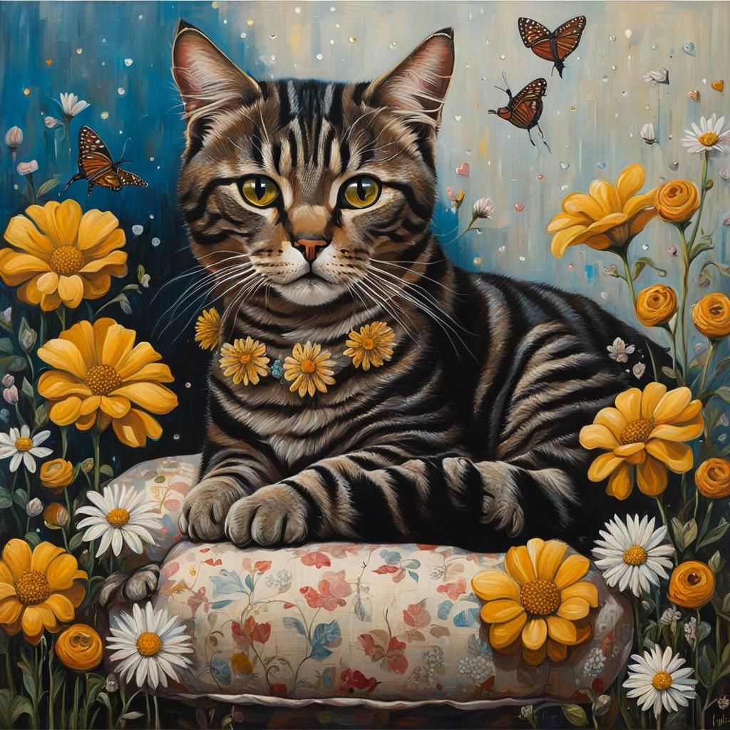 Cat Portrait Surrounded by Flowers in Urban Realism Style