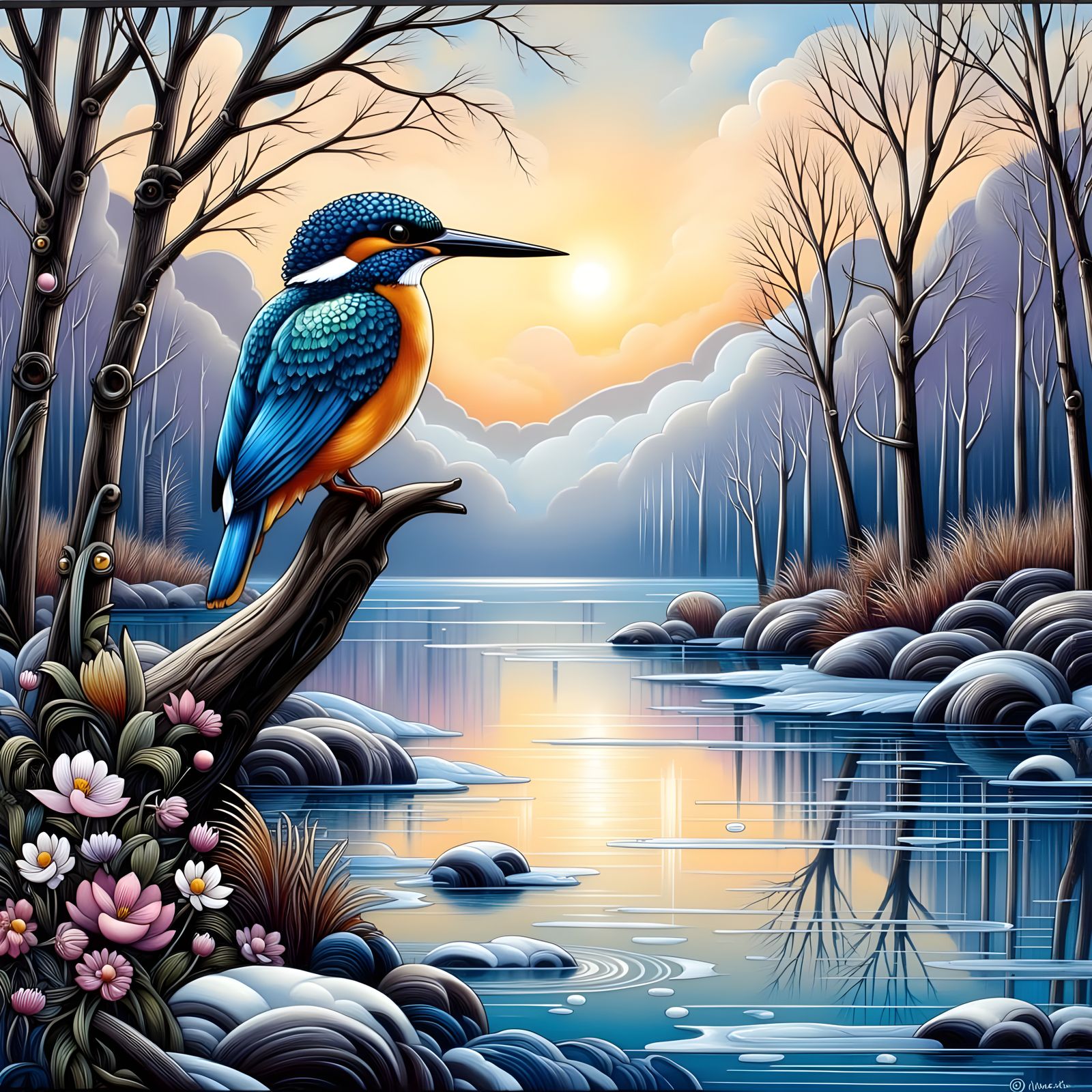 Elegant Kingfisher in Art Deco Nouveau Style