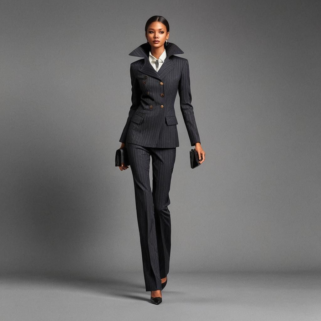 Pinstriped Wide-Leg Suit with Exaggerated Details