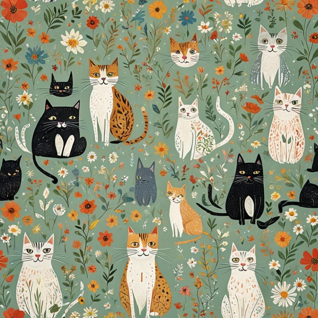 Playful Whimsical Cat in Naive Art Style