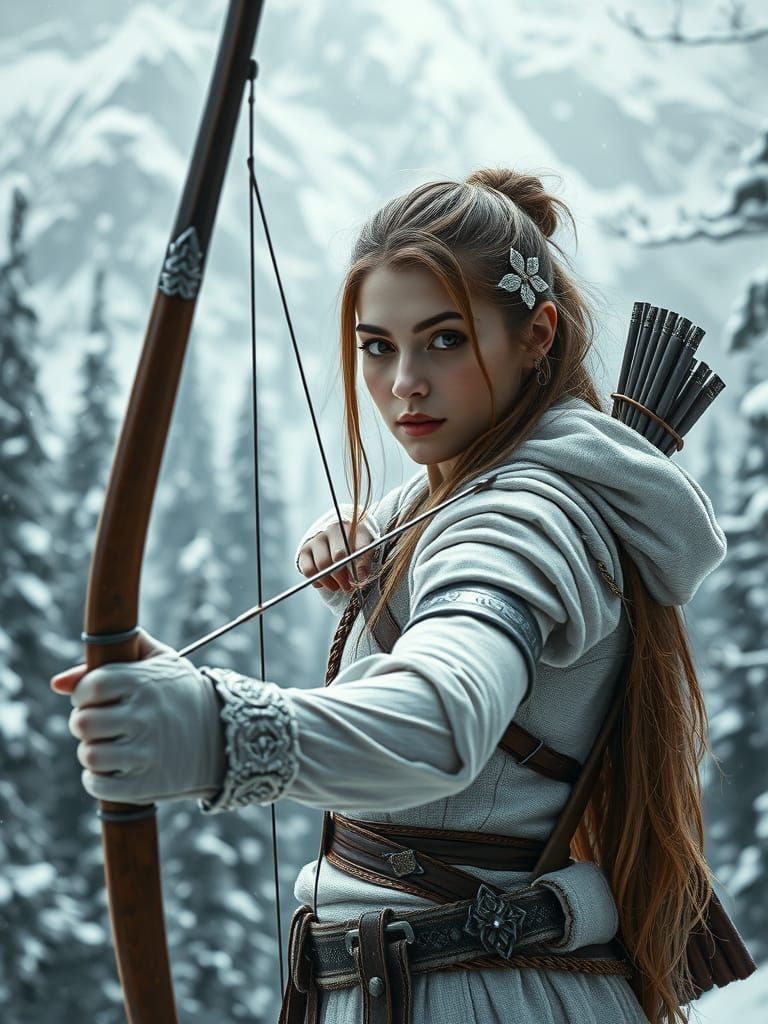 Warrior Woman with Bow in Winter Forest, Hyperrealistic Styl...