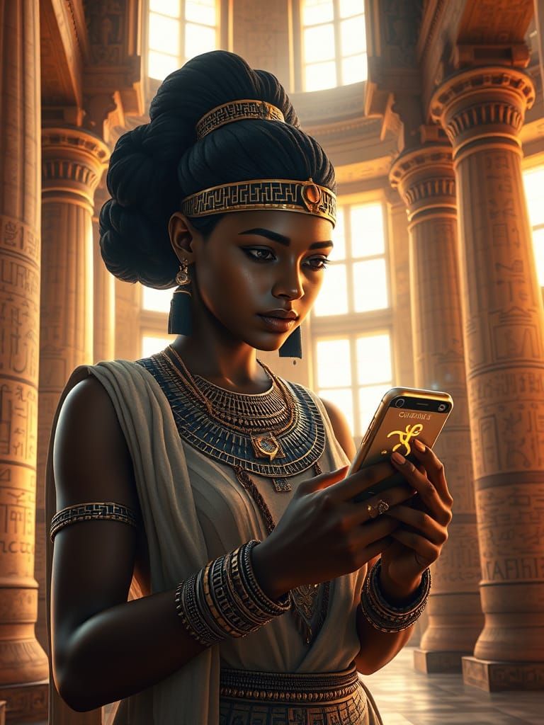 Egyptian Noblewoman with iPhone in Futuristic Temple