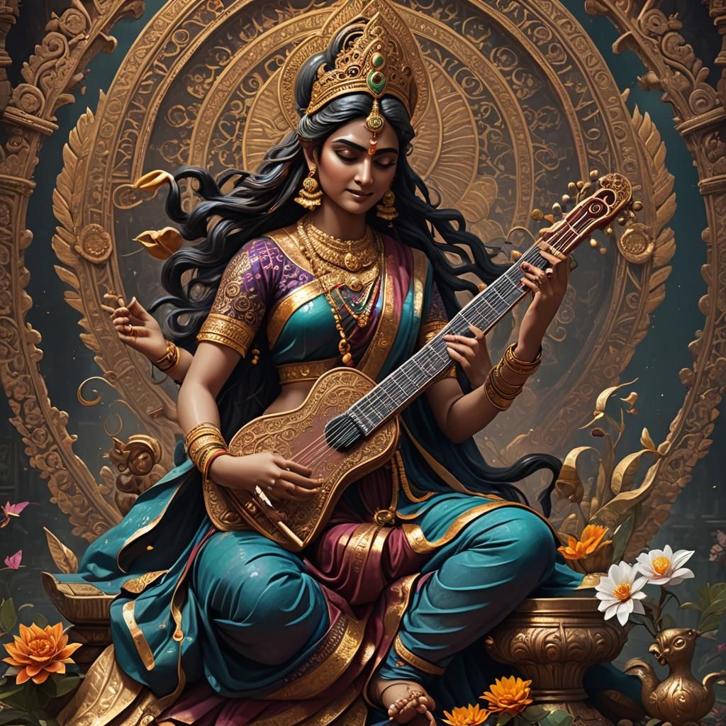 Goddess Saraswati with Veena: Fantasy Art