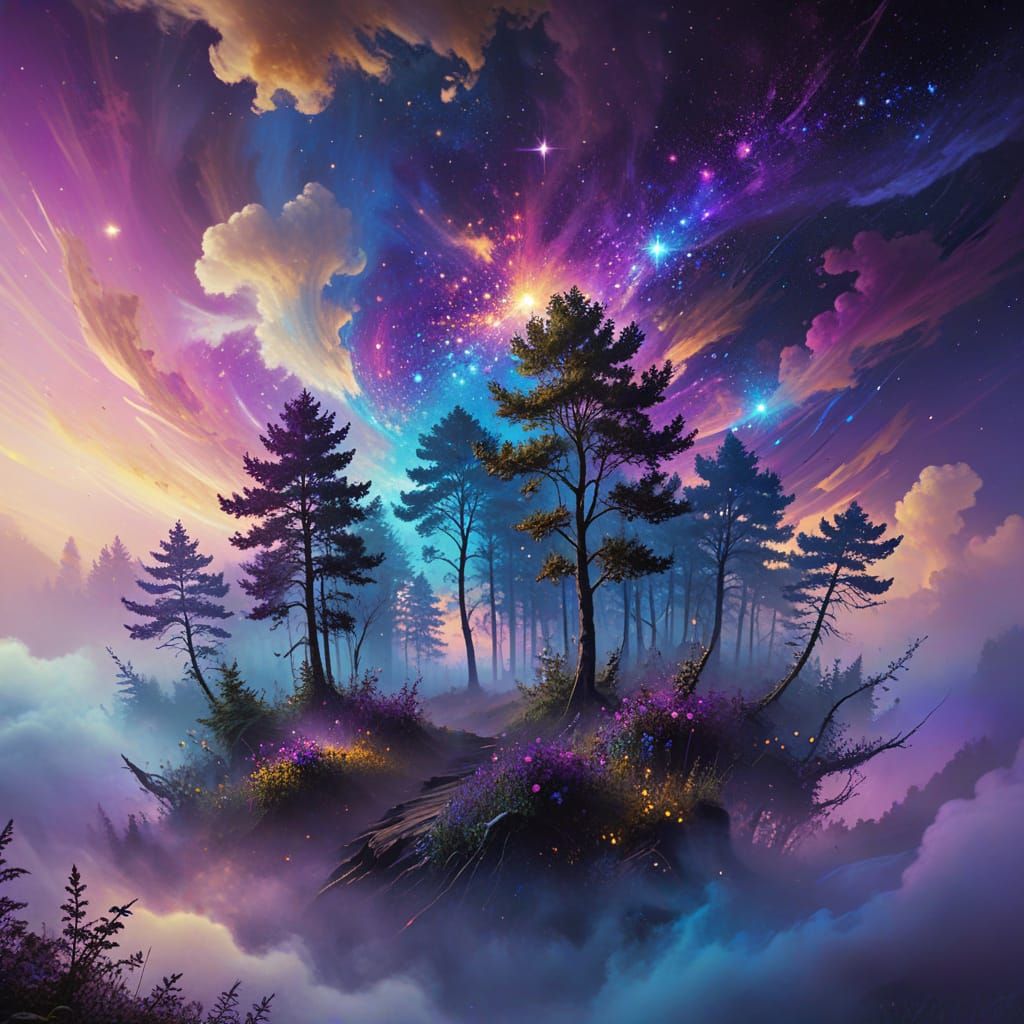 Cosmos Rising: Surreal Oil Painting of Forest at Dusk