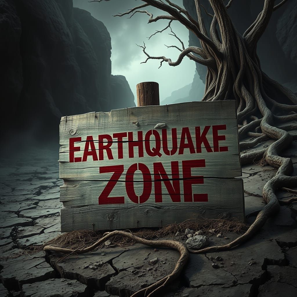 Distressed Earthquake Zone Sign in Dystopian Landscape