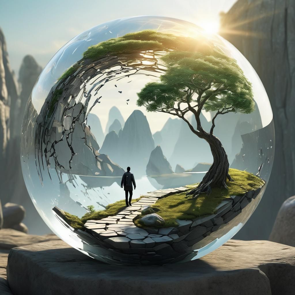 Surreal Cracked Glass Sphere World at Sunrise