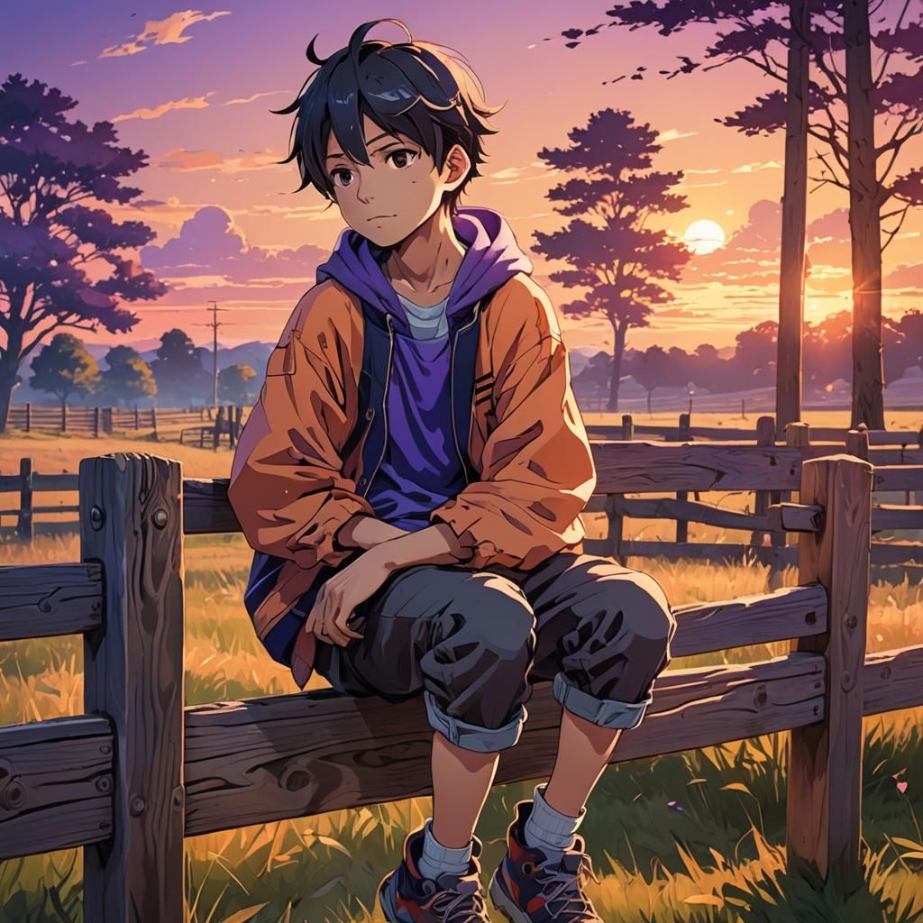 Vibrant Anime Art of Tomboyish Teen in Sunset Field