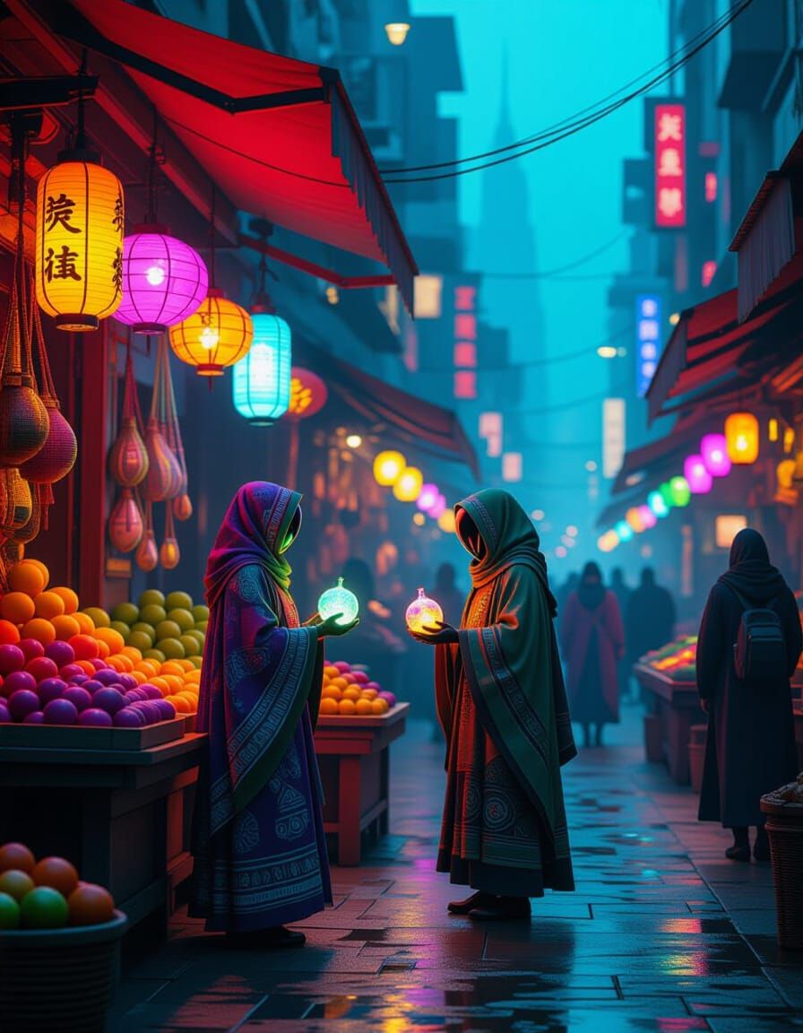 Alien Merchants Selling Iridescent Produce in Neon Cityscape