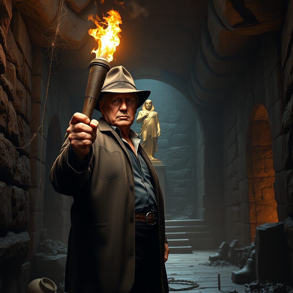 Indiana Jones-Style Donald Trump in Ancient Tomb