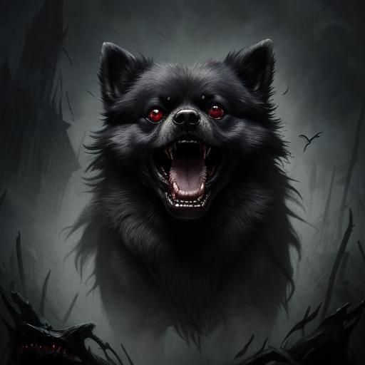 Vampire Pomeranian dog bearing teeth