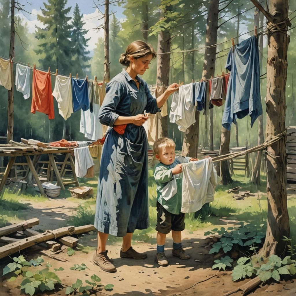 Child Helps Mother Hang Laundry, Artistic Realism