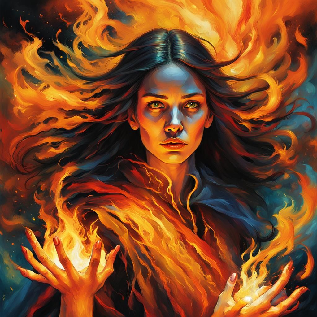 Sorceress Conjuring Flames: Pyromancy Art